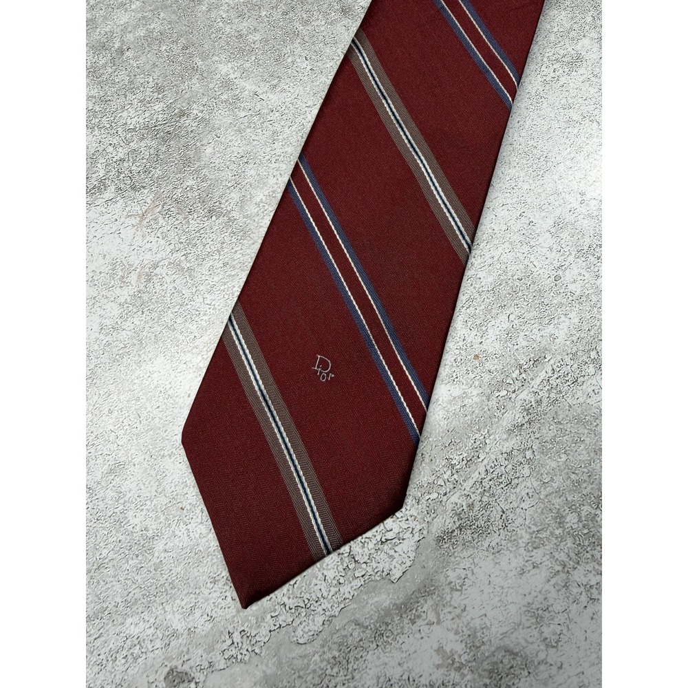 Vintage Christian Dior Tie Mens OS Red Striped Designer 95% Polyester 5% Silk